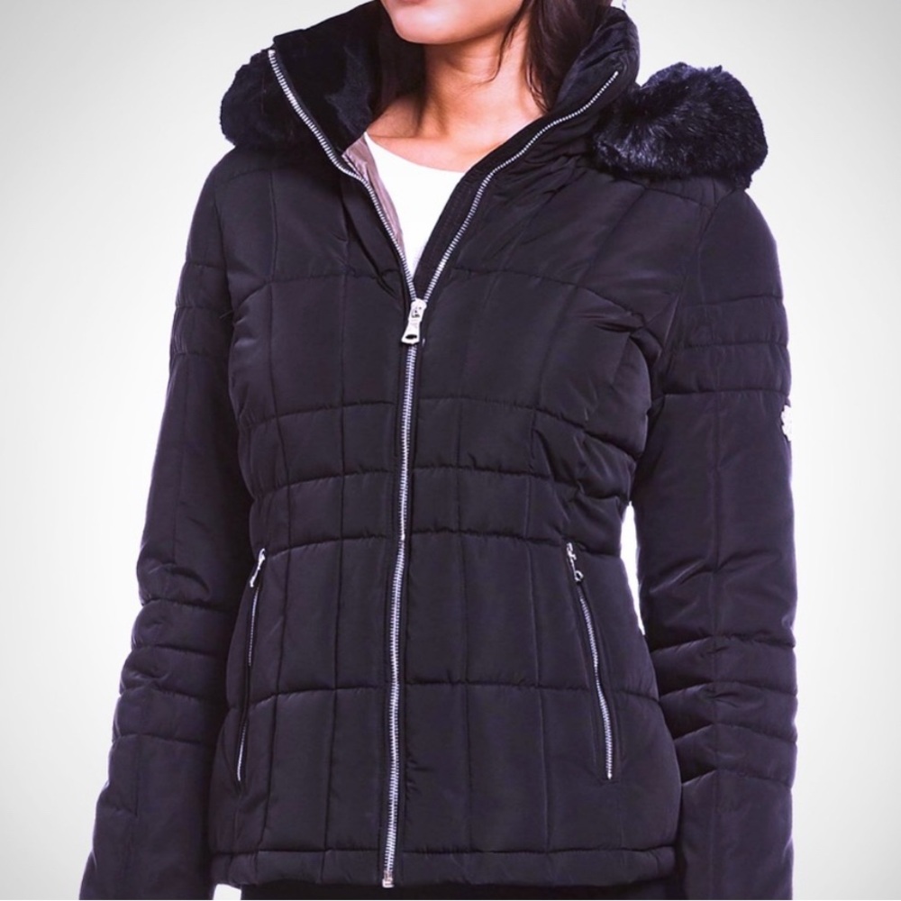 Calvin Klein Faux-Fur-Lined Puffer Coat in Navy Size S